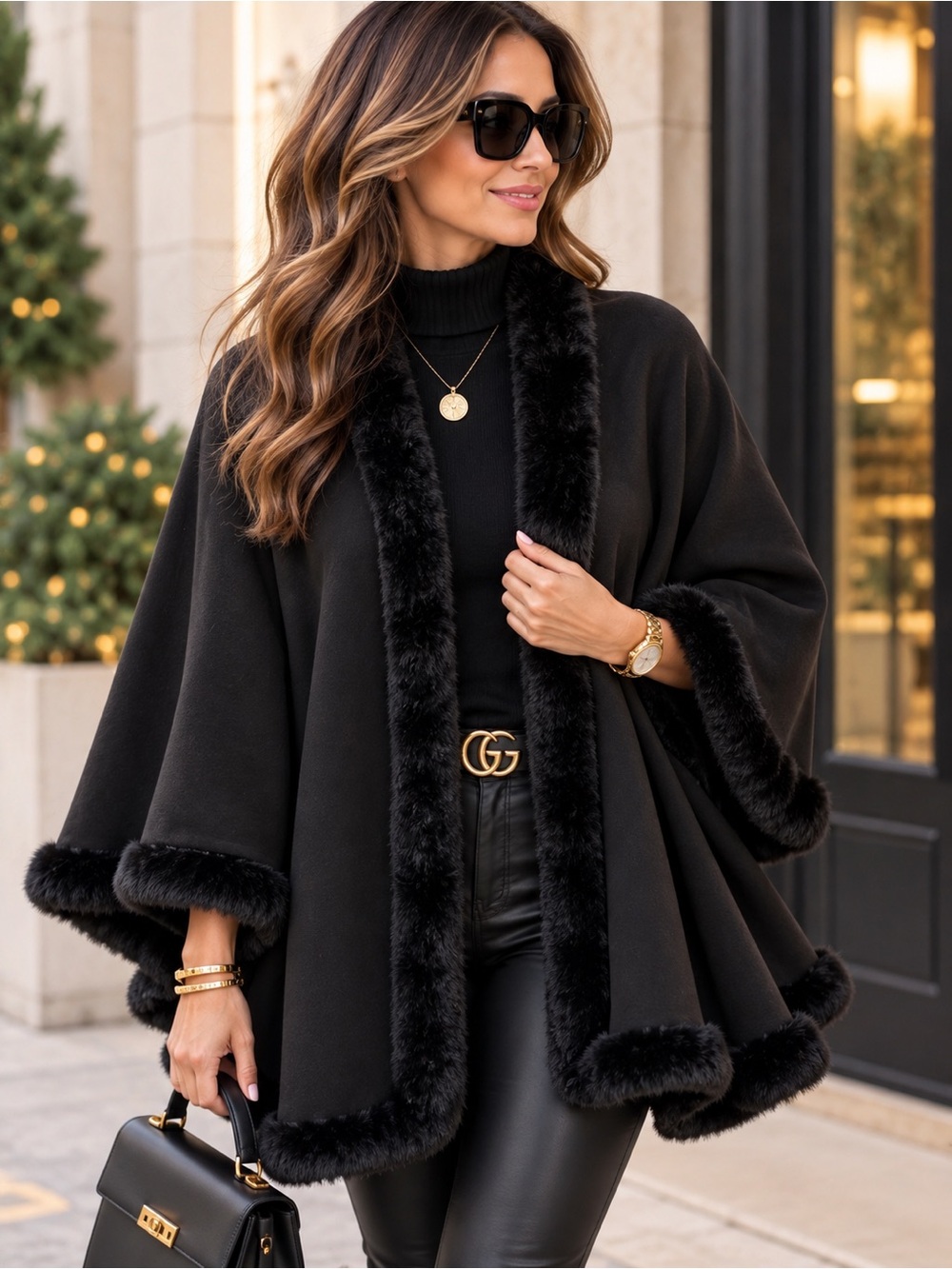ShopEvelynne Black Faux-Fur Trim Cape Sweater